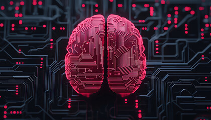 Poster - cybernetic brain with intricate circuitry is depicted against dark background filled with glowing red data points, symbolizing advanced technology