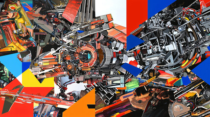 Poster - A bunch of different colored objects showcasing dynamic fragmented forms layered with primary and secondary colors in a lively display.