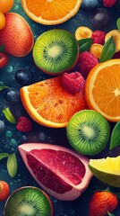 Poster - Sliced fruits creating vibrant and colorful pattern on dark background