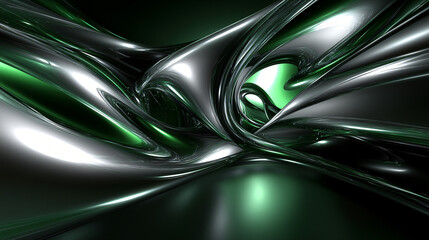 Poster - Stunning green and black abstract design featuring dynamic metallic waves of deep emerald and glowing platinum that evoke sophistication.