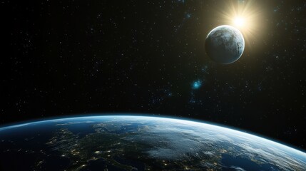 Wall Mural - a breathtaking 3d view of earth and the moon, illuminated by the distant sun