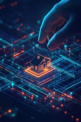 Poster - Cybernetic hand placing a house icon on a futuristic map