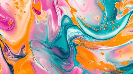 Poster - Fluid acrylic painting mixing pink, turquoise and orange colors creating a stunning marble effect