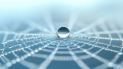A spider web with a clear ball of water in the center. The water droplets are scattered throughout the web, creating a sense of movement and fluidity. The spider web itself is intricate and delicate