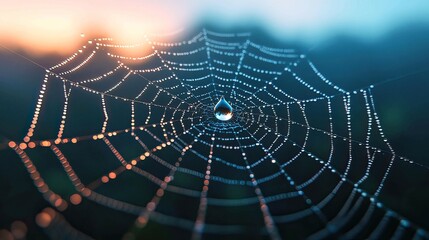 A spider web with a clear ball of water in the center. The water droplets are scattered throughout the web, creating a sense of movement and fluidity. The spider web itself is intricate and delicate