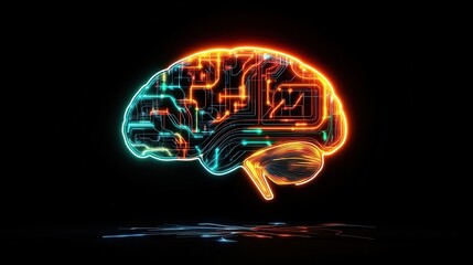Aufkleber - A stylized glowing human brain featu vibrant orange and teal circuit board patterns, reflected on a dark rippling surface against a black backdrop