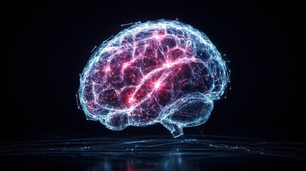 Aufkleber - Stylized Three-Dimensional Representation of a Human Brain Constructed from Glowing Blue and Red Interconnected Nodes on Black Background Visuals