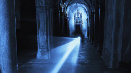 Poster - Long hallway bathed in natural light streaming through elegant archways inviting exploration and wonder in a mysterious setting.