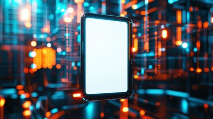 Aufkleber - A sleek black smartphone with a blank white screen floating above a vibrant backdrop of glowing teal and orange circuitry in a futuristic landscape