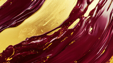 Poster - Abstract liquid painting featuring elegant ribbons of deep burgundy and shimmering gold creating a visually striking and artistic composition.