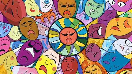 Poster - Colorful faces representing a kaleidoscope of emotions in a vibrant and artistic display of diversity and expression in abstract form.