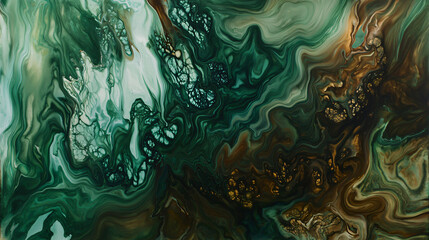Poster - Fluid abstraction in shades of green and brown creating a captivating visual experience of organic flow and natural patterns in art.