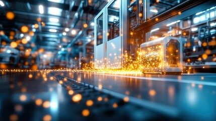 Poster - futuristic automated guided vehicle agv gliding along illuminated production line in high-tech facto