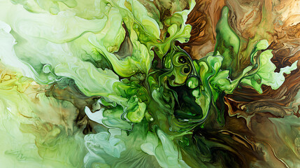 Poster - Fluid abstraction in shades of green and brown capturing the essence of nature in an artistic and contemporary expression of color.