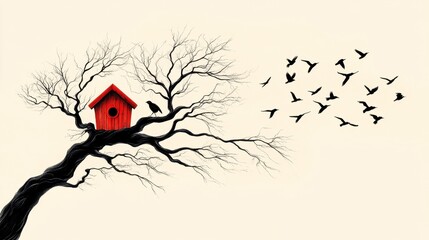 red birdhouse on barren tree with birds in flight