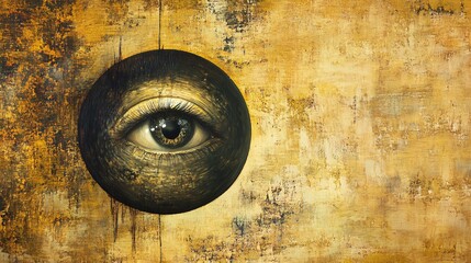 Poster - Eye watching from golden textured circle on grunge background