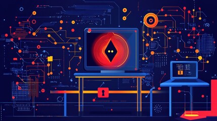 Poster - Eye scanner authenticating a voter with cyber protection symbols