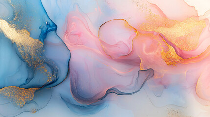 Poster - Fluid organic abstraction in soft pastels of pink and blue with elegant gold accents creating a dreamlike aesthetic for modern decor inspiration.