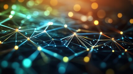 Aufkleber - Abstract digital rende of an intricate network of illuminated nodes and lines glowing in teal, gold and orange on a dark sophisticated background