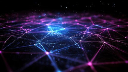Aufkleber - Abstract digital rende showcasing a vibrant network of interconnected nodes and luminous lines glowing in pink and blue against a dark background
