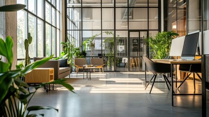 Poster - A bright and airy office with industrial-style furniture, plants, and large glass walls.