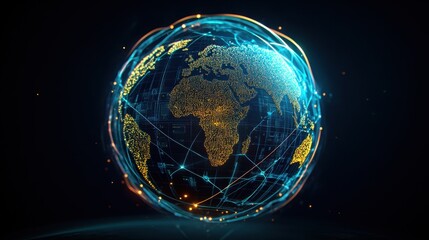 Poster - A stylized digital rende of Earth as a glowing sphere interconnected with nodes and lines, featu gold outlined continents and teal energy field