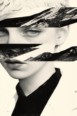 Poster - Mysterious Gaze: Portrait of a person with a hint of mountains in monochrome palette, inviting exploration of emotions.