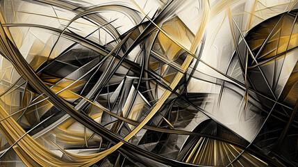 Fototapete - Captivating black and gold abstract painting featuring fluid lines interwoven with geometric shapes for an artistic display.
