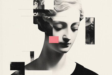 Poster - Deconstructed Aesthetics: A modern artistic interpretation of a classical sculpture head, fragmented and reassembled with geometric shapes and color blocks.