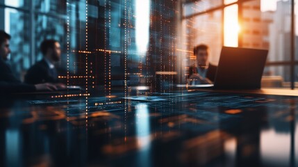 Poster - Team of Businessmen Collaborating at Modern Desk with Holographic Data Projection with City Skyline in Background for Corporate Concept Imagery