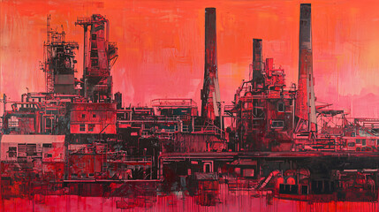 Poster - A factory depicted in a fragmented and deconstructed style layered in vibrant shapes and artistic expressions of industrial aesthetics.