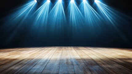 Poster - Four Bright Blue Spotlights Illuminate a Dark Empty Wooden Stage Creating a Dramatic and Stunning Visual Atmosphere for Performances or Events