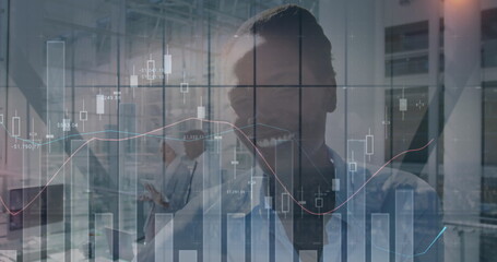 Poster - Image of financial data processing over businesswoman smiling in office