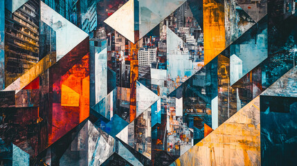 Poster - Captivating city artwork showcasing various colored shapes and fragmented structures rendered in a cubist style with geometric layers.