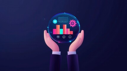 Poster - Hands holding holographic financial report with data security shield
