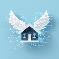 Poster - House icon with wings flying over a data network