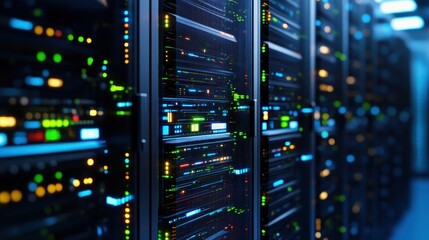Poster - Rows of illuminated server racks in a sleek, modern data center showcasing advanced technology and vibrant lighting for optimal performance and efficiency