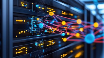 Poster - A stylized visualization illustrating interconnected data nodes and network pathways projected on a server rack showcasing data flow and connectivity