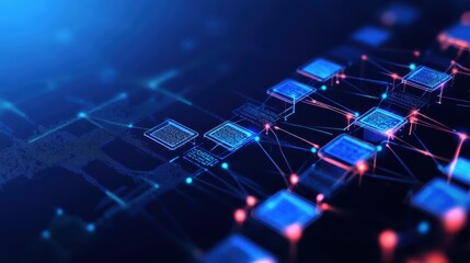 Aufkleber - Abstract digital rende of interconnected microchips creating a complex network illuminated in vibrant blue and red hues against a dark backdrop