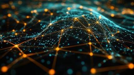 Aufkleber - Abstract close-up of glowing nodes interconnected by luminous lines creating a sophisticated three-dimensional network visualization on dark background
