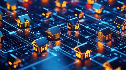 Poster - Network of connected houses glowing in a digital grid