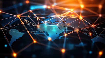 Aufkleber - Abstract global network illustration with interconnected nodes, glowing points of light, and a stylized world map in shades of blue and grey tones.