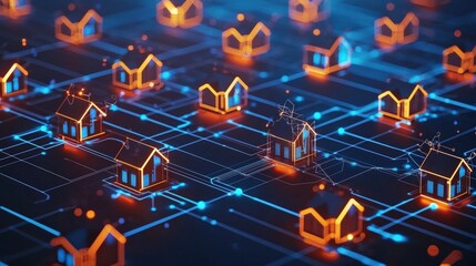 Poster - Network of connected houses glowing in a digital grid