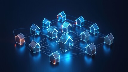 Poster - Network of connected houses glowing in a digital grid
