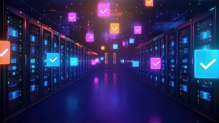 Poster - Secure server room filled with glowing ballot icons representing encrypted election data
