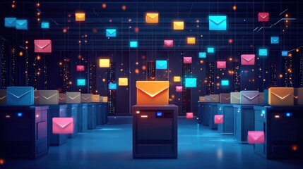 Poster - Secure server room filled with glowing ballot icons representing encrypted election data