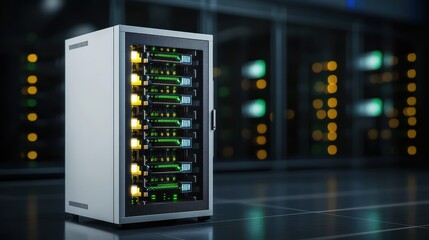 Poster - A solitary silver server rack stands on a glossy, dark floor inside a modern server room with faintly glowing racks in the atmospheric background lighting