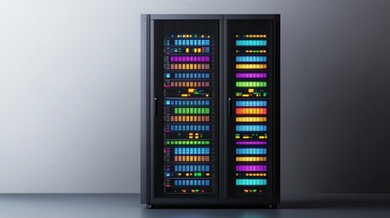 Poster - A sleek, dark server rack with illuminated multicolored components and displays, positioned against a neutral gray wall in a modern data center environment