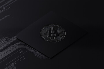 Poster - Bitcoin's Dark Elegance: A stylish, dimly lit image of a bitcoin symbol embossed on a sleek, black surface, evoking a sense of mystery and the future of finance.