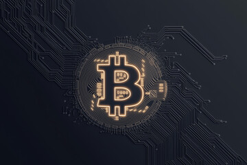 Poster - Bitcoin Digital Icon: Captivating digital rendering of a bitcoin, illuminated with an ethereal glow, set against a backdrop of intricate circuit board patterns.